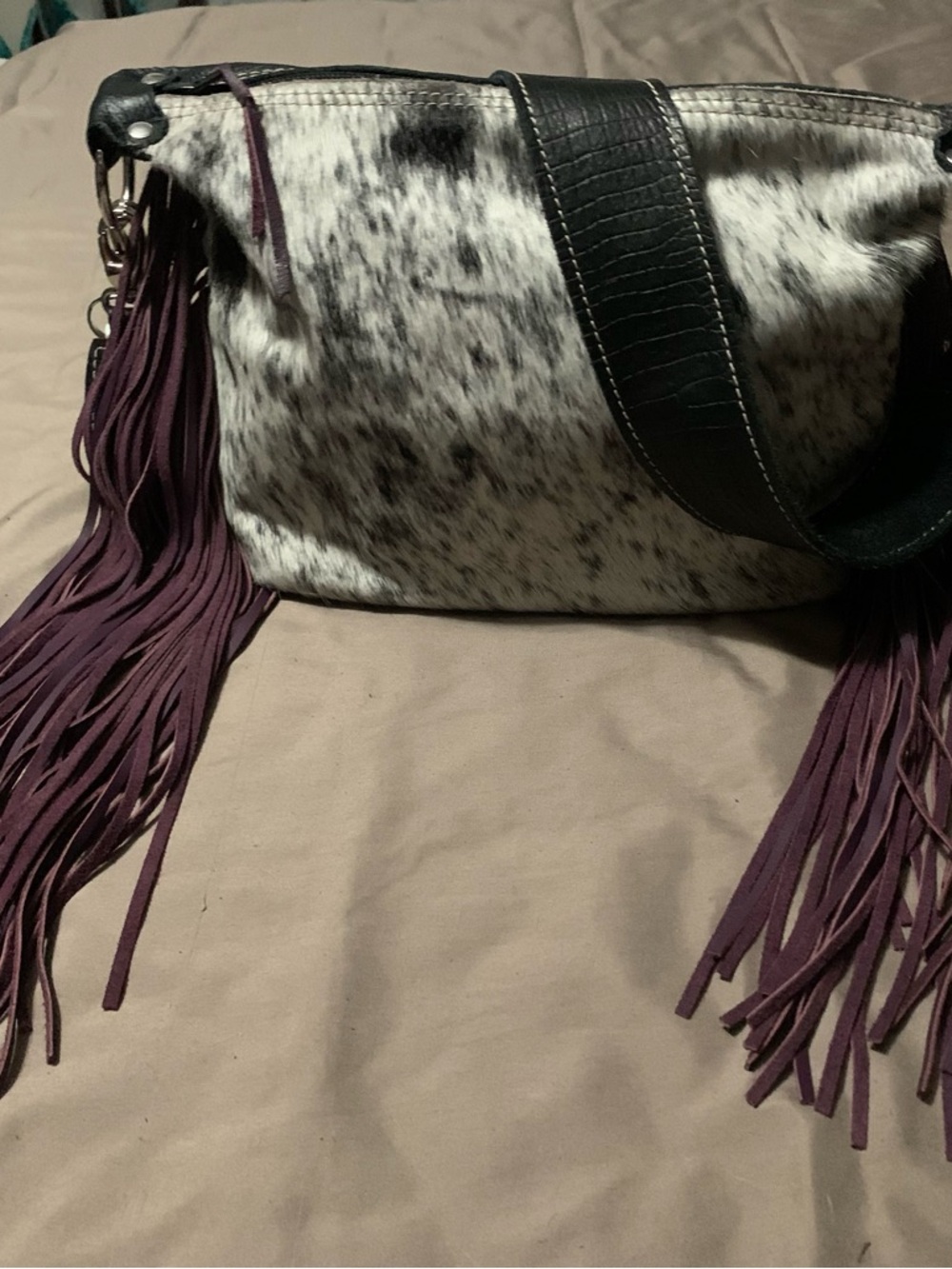 Holy Cow Couture mini designer, fringed in Black, White & Purple